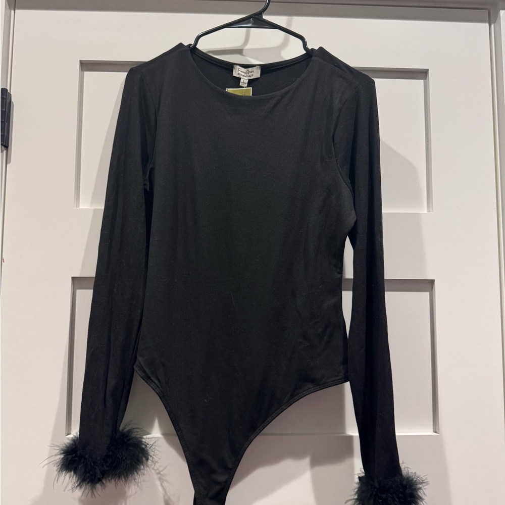 Black Long Sleeve Bodysuit with Feather Cuffs